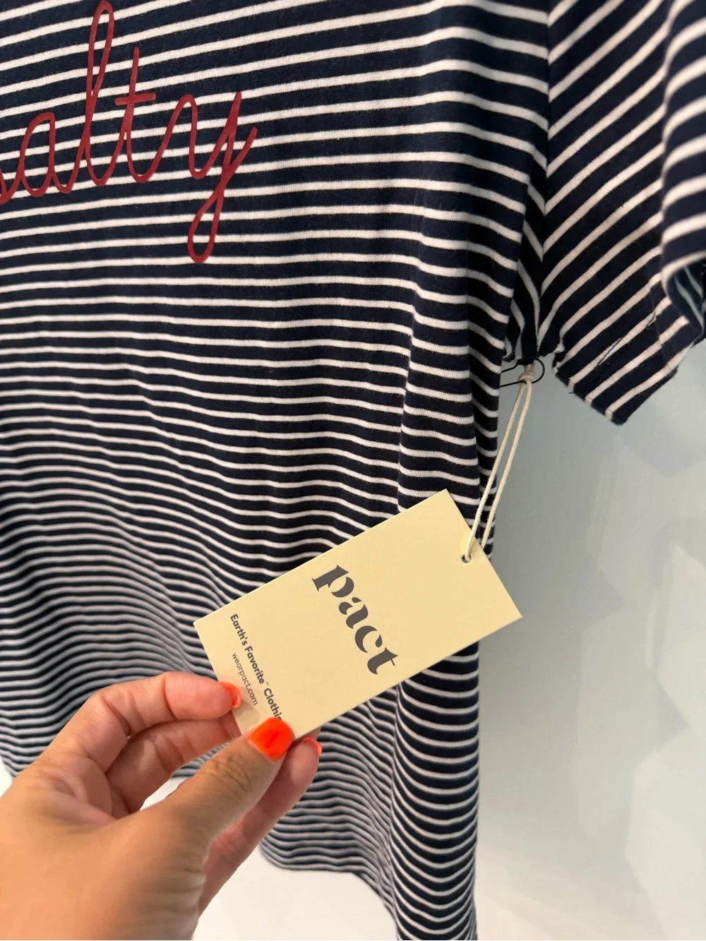 Pact Navy & White Striped Tee with Red Script
